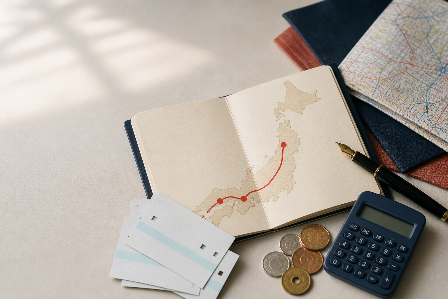 Cuaderno con una ruta por Japón, billetes de tren, calculadora y monedas
