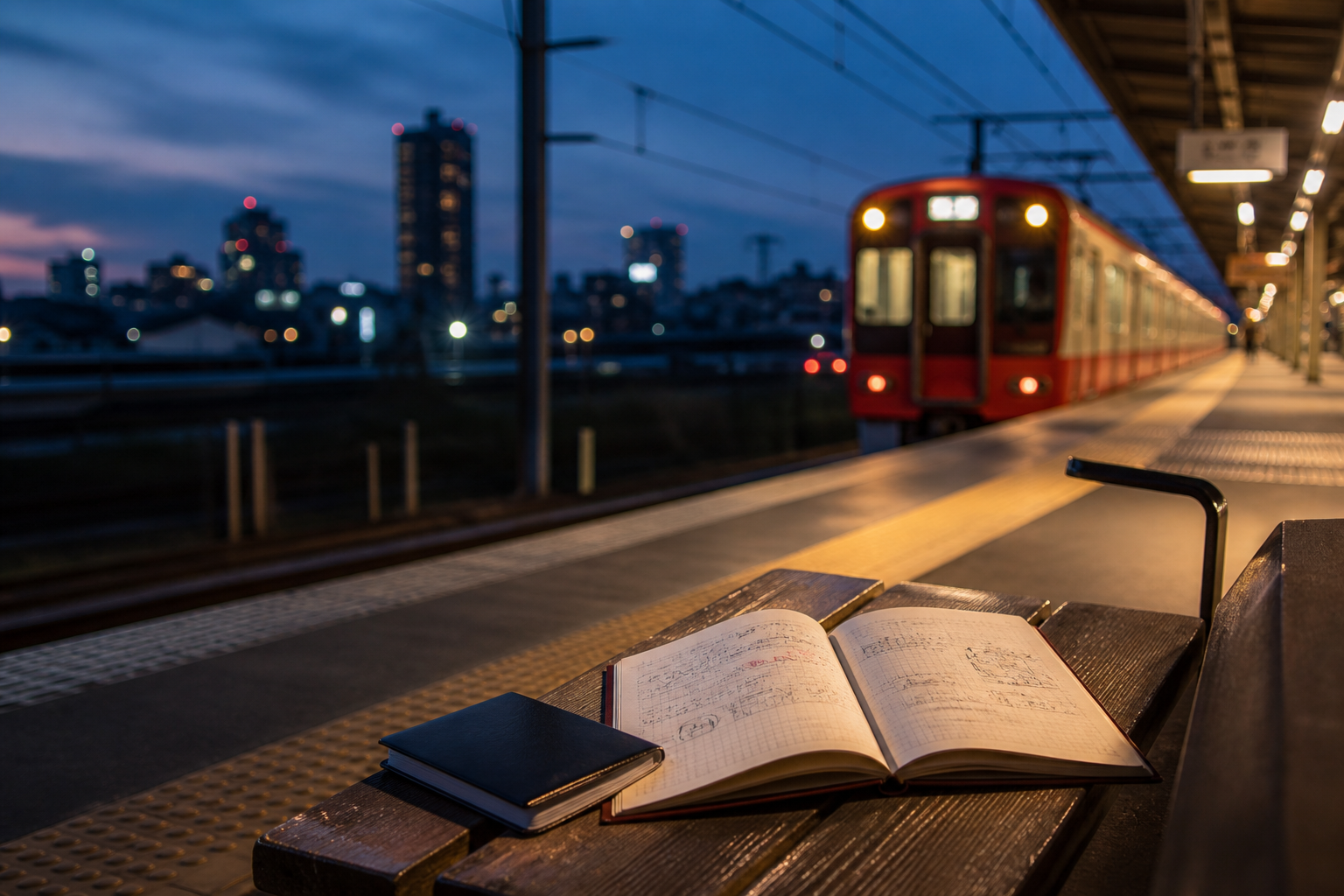 Cuaderno de viaje junto a una estación de tren japonesa al anochecer